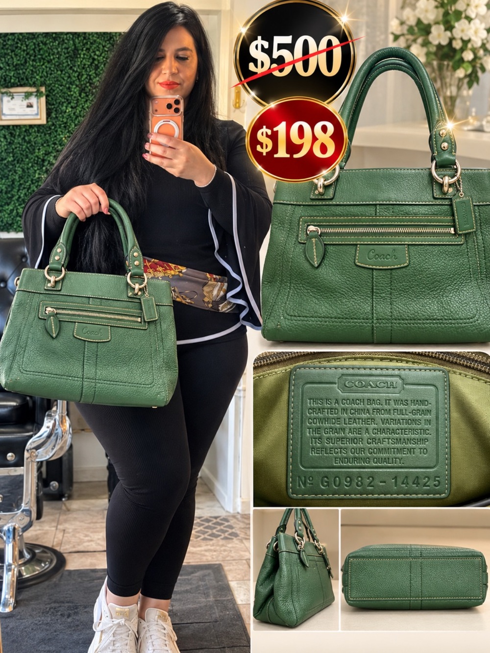 Coach Forest Green Pebbled Leather Satchel